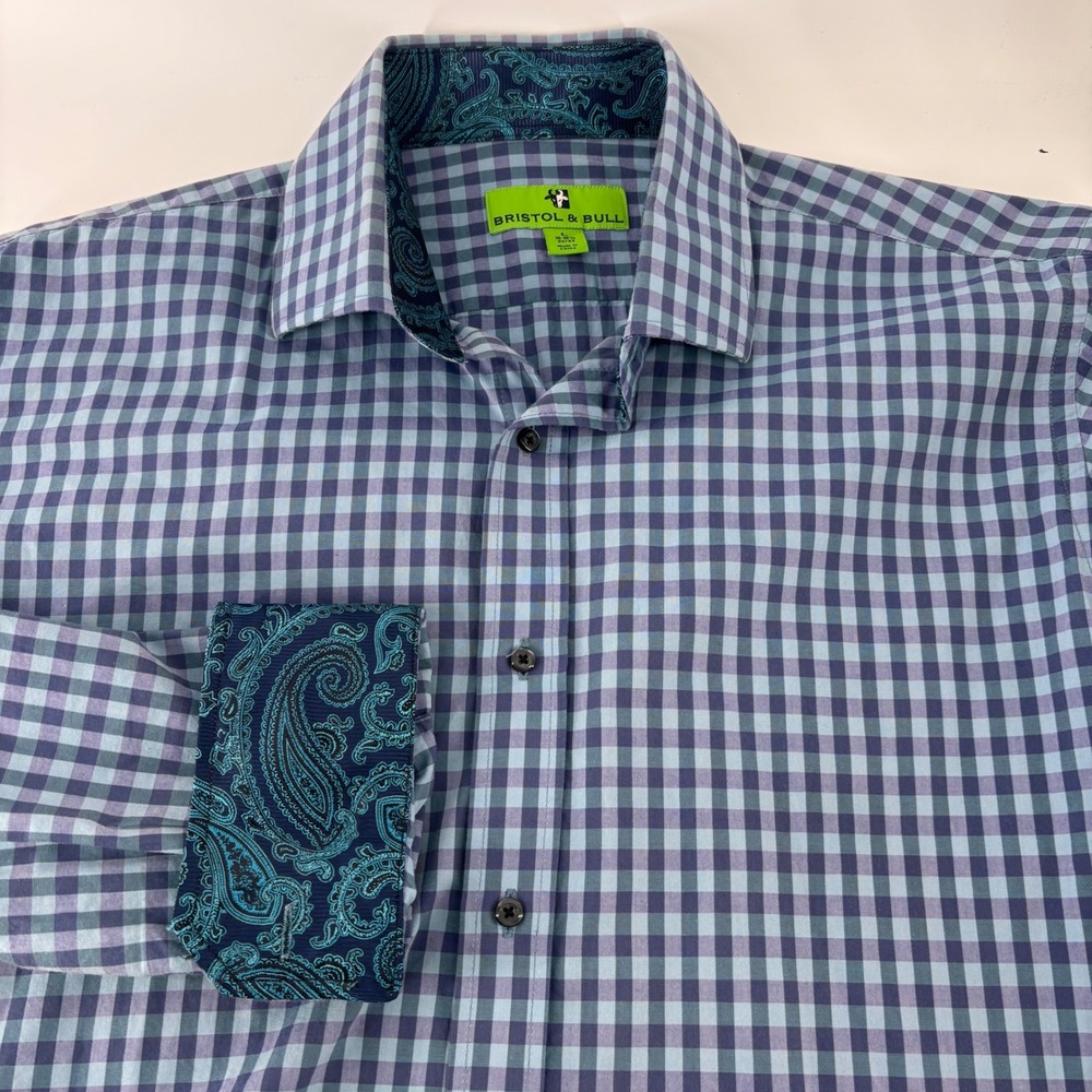 Bristol & Bull Button Front Mens L Blue Purple Gingham Paisley Contrast Cuff